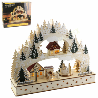 Schwibbogen aus Holz - Dorf mit Winterszene mit LED warmweiss