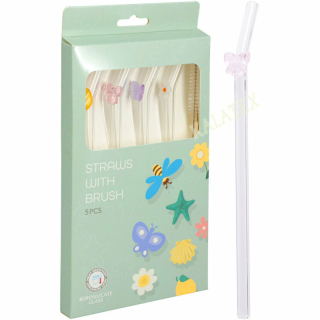 Trinkhalm Glas mit Applikation 4er und Reinigungbürste